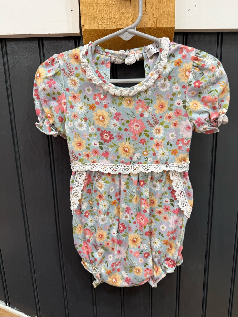 Girls Floral Lace-Trim Romper in Light Blue